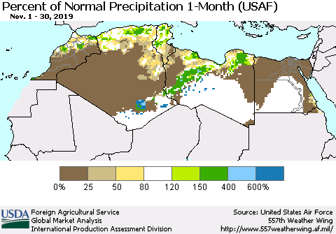 North Africa Percent of Normal Precipitation 1-Month (USAF) Thematic Map For 11/1/2019 - 11/30/2019