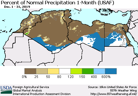 North Africa Percent of Normal Precipitation 1-Month (USAF) Thematic Map For 12/1/2019 - 12/31/2019
