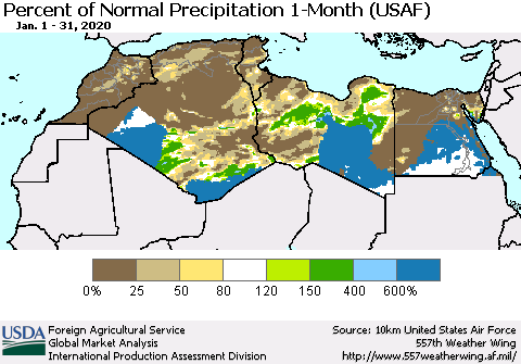 North Africa Percent of Normal Precipitation 1-Month (USAF) Thematic Map For 1/1/2020 - 1/31/2020