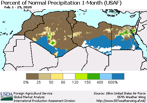 North Africa Percent of Normal Precipitation 1-Month (USAF) Thematic Map For 2/1/2020 - 2/29/2020
