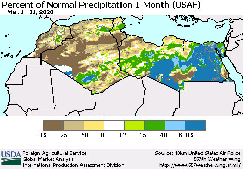 North Africa Percent of Normal Precipitation 1-Month (USAF) Thematic Map For 3/1/2020 - 3/31/2020