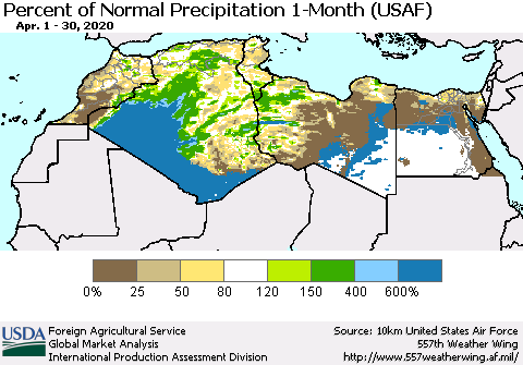 North Africa Percent of Normal Precipitation 1-Month (USAF) Thematic Map For 4/1/2020 - 4/30/2020