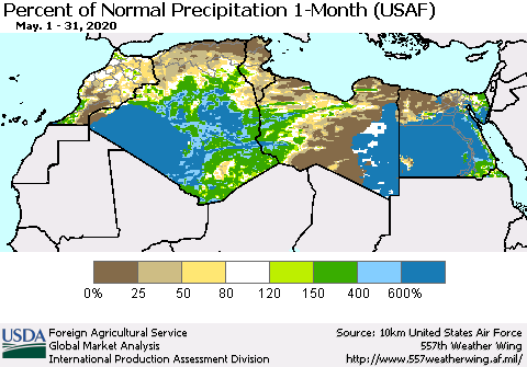 North Africa Percent of Normal Precipitation 1-Month (USAF) Thematic Map For 5/1/2020 - 5/31/2020