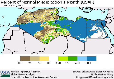 North Africa Percent of Normal Precipitation 1-Month (USAF) Thematic Map For 6/1/2020 - 6/30/2020
