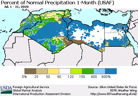 North Africa Percent of Normal Precipitation 1-Month (USAF) Thematic Map For 7/1/2020 - 7/31/2020