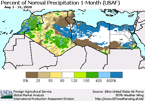 North Africa Percent of Normal Precipitation 1-Month (USAF) Thematic Map For 8/1/2020 - 8/31/2020