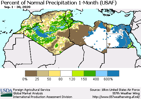 North Africa Percent of Normal Precipitation 1-Month (USAF) Thematic Map For 9/1/2020 - 9/30/2020