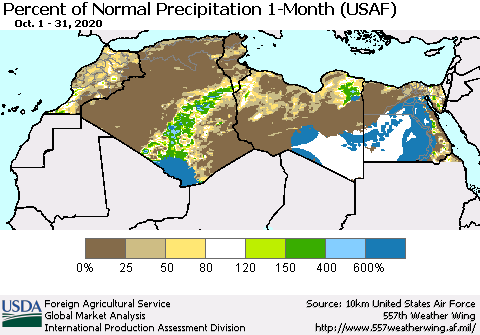 North Africa Percent of Normal Precipitation 1-Month (USAF) Thematic Map For 10/1/2020 - 10/31/2020