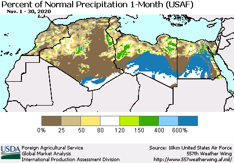 North Africa Percent of Normal Precipitation 1-Month (USAF) Thematic Map For 11/1/2020 - 11/30/2020