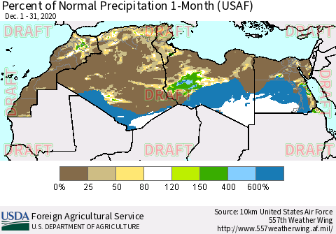 North Africa Percent of Normal Precipitation 1-Month (USAF) Thematic Map For 12/1/2020 - 12/31/2020