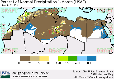 North Africa Percent of Normal Precipitation 1-Month (USAF) Thematic Map For 1/1/2021 - 1/31/2021