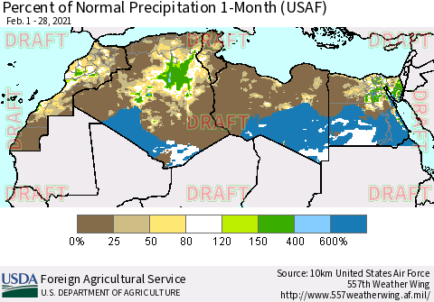 North Africa Percent of Normal Precipitation 1-Month (USAF) Thematic Map For 2/1/2021 - 2/28/2021