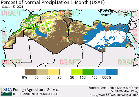 North Africa Percent of Normal Precipitation 1-Month (USAF) Thematic Map For 9/1/2021 - 9/30/2021