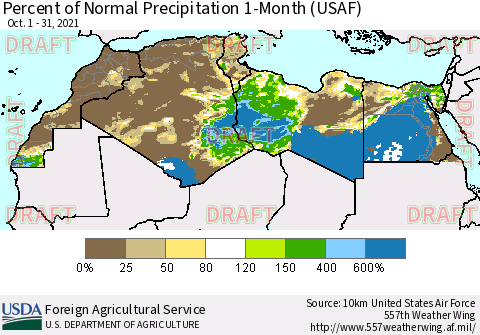North Africa Percent of Normal Precipitation 1-Month (USAF) Thematic Map For 10/1/2021 - 10/31/2021
