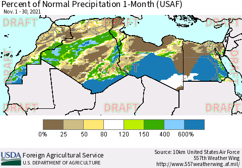 North Africa Percent of Normal Precipitation 1-Month (USAF) Thematic Map For 11/1/2021 - 11/30/2021