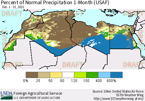 North Africa Percent of Normal Precipitation 1-Month (USAF) Thematic Map For 12/1/2021 - 12/31/2021