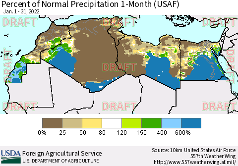 North Africa Percent of Normal Precipitation 1-Month (USAF) Thematic Map For 1/1/2022 - 1/31/2022