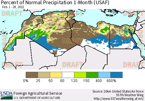North Africa Percent of Normal Precipitation 1-Month (USAF) Thematic Map For 2/1/2022 - 2/28/2022
