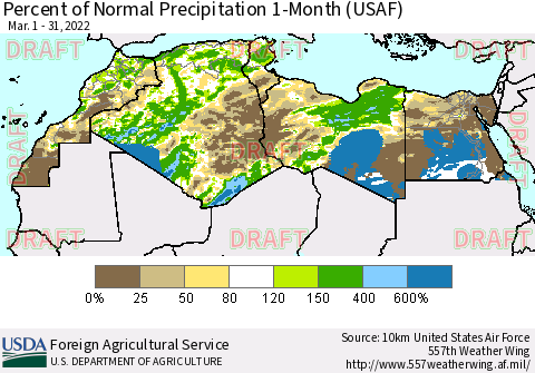 North Africa Percent of Normal Precipitation 1-Month (USAF) Thematic Map For 3/1/2022 - 3/31/2022