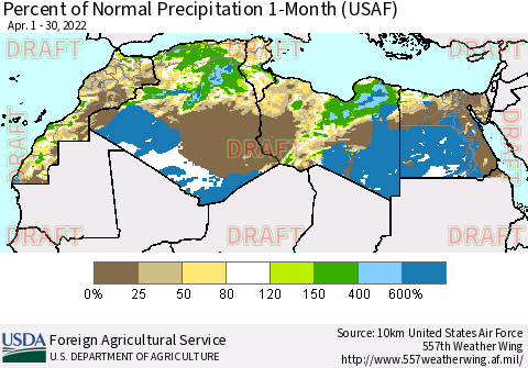 North Africa Percent of Normal Precipitation 1-Month (USAF) Thematic Map For 4/1/2022 - 4/30/2022