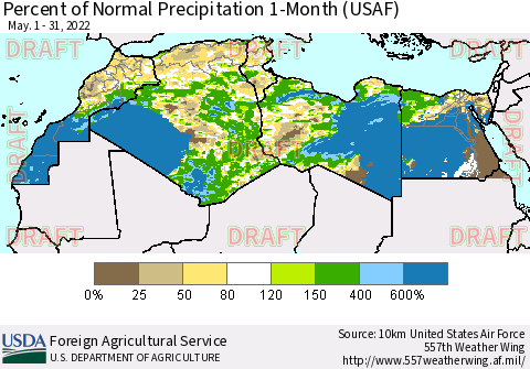 North Africa Percent of Normal Precipitation 1-Month (USAF) Thematic Map For 5/1/2022 - 5/31/2022