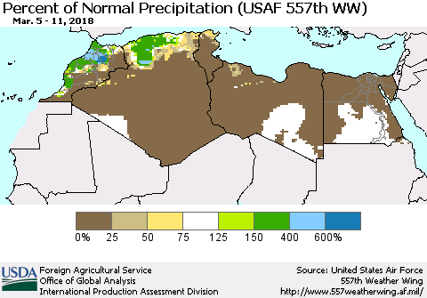 North Africa Percent of Normal Precipitation (USAF 557th WW) Thematic Map For 3/5/2018 - 3/11/2018