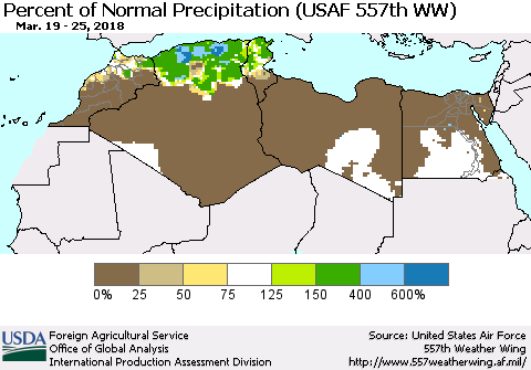 North Africa Percent of Normal Precipitation (USAF 557th WW) Thematic Map For 3/19/2018 - 3/25/2018