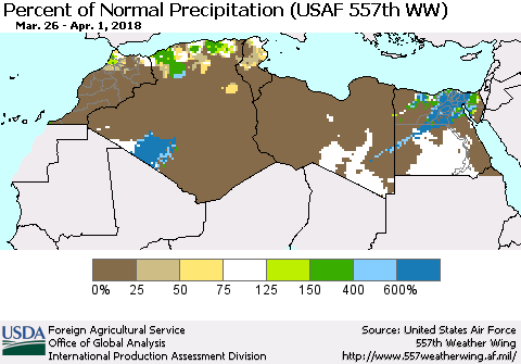 North Africa Percent of Normal Precipitation (USAF 557th WW) Thematic Map For 3/26/2018 - 4/1/2018