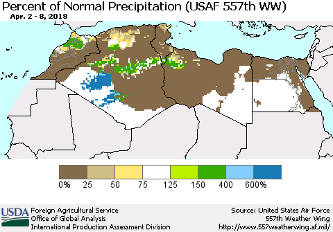 North Africa Percent of Normal Precipitation (USAF 557th WW) Thematic Map For 4/2/2018 - 4/8/2018