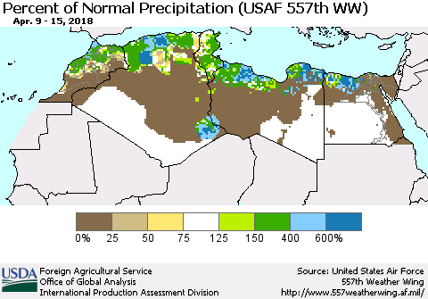 North Africa Percent of Normal Precipitation (USAF 557th WW) Thematic Map For 4/9/2018 - 4/15/2018