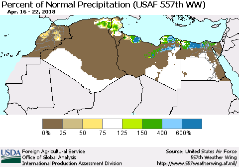 North Africa Percent of Normal Precipitation (USAF 557th WW) Thematic Map For 4/16/2018 - 4/22/2018