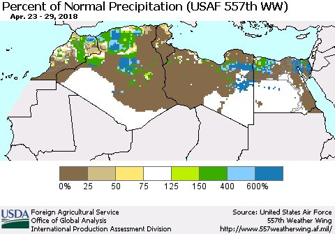 North Africa Percent of Normal Precipitation (USAF 557th WW) Thematic Map For 4/23/2018 - 4/29/2018
