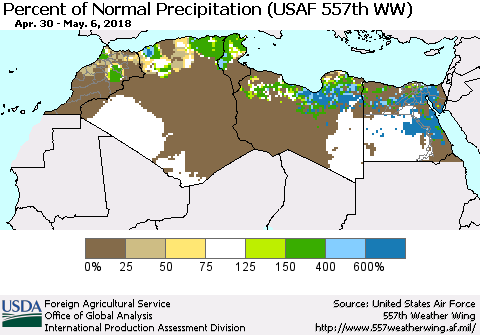 North Africa Percent of Normal Precipitation (USAF 557th WW) Thematic Map For 4/30/2018 - 5/6/2018