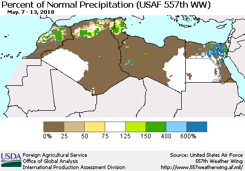 North Africa Percent of Normal Precipitation (USAF 557th WW) Thematic Map For 5/7/2018 - 5/13/2018