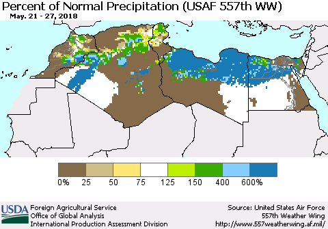North Africa Percent of Normal Precipitation (USAF 557th WW) Thematic Map For 5/21/2018 - 5/27/2018