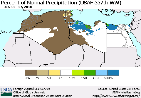 North Africa Percent of Normal Precipitation (USAF 557th WW) Thematic Map For 6/11/2018 - 6/17/2018