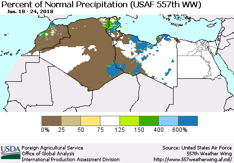 North Africa Percent of Normal Precipitation (USAF 557th WW) Thematic Map For 6/18/2018 - 6/24/2018