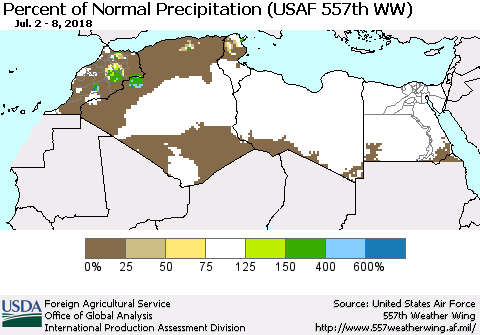 North Africa Percent of Normal Precipitation (USAF 557th WW) Thematic Map For 7/2/2018 - 7/8/2018