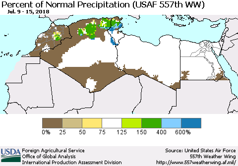 North Africa Percent of Normal Precipitation (USAF 557th WW) Thematic Map For 7/9/2018 - 7/15/2018