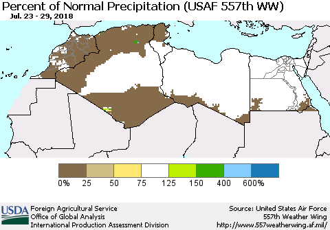 North Africa Percent of Normal Precipitation (USAF 557th WW) Thematic Map For 7/23/2018 - 7/29/2018