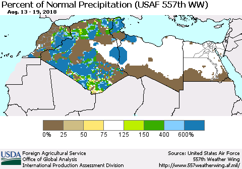 North Africa Percent of Normal Precipitation (USAF 557th WW) Thematic Map For 8/13/2018 - 8/19/2018