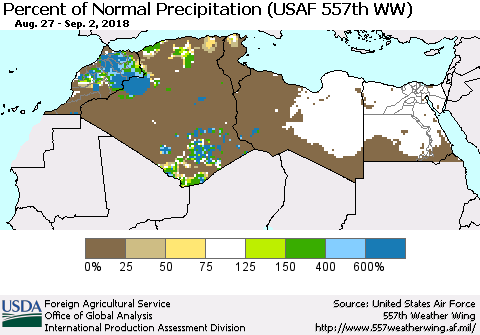 North Africa Percent of Normal Precipitation (USAF 557th WW) Thematic Map For 8/27/2018 - 9/2/2018