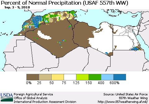 North Africa Percent of Normal Precipitation (USAF 557th WW) Thematic Map For 9/3/2018 - 9/9/2018