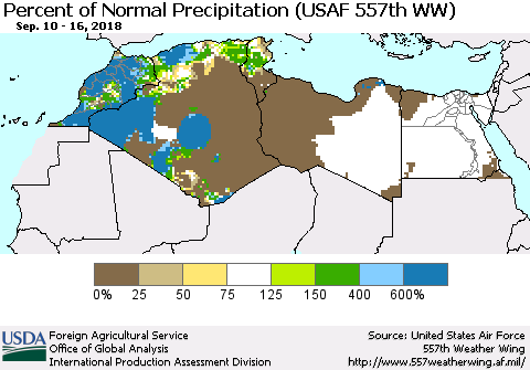 North Africa Percent of Normal Precipitation (USAF 557th WW) Thematic Map For 9/10/2018 - 9/16/2018