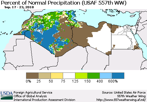 North Africa Percent of Normal Precipitation (USAF 557th WW) Thematic Map For 9/17/2018 - 9/23/2018