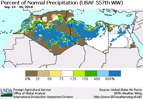 North Africa Percent of Normal Precipitation (USAF 557th WW) Thematic Map For 9/24/2018 - 9/30/2018