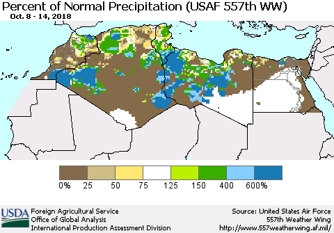 North Africa Percent of Normal Precipitation (USAF 557th WW) Thematic Map For 10/8/2018 - 10/14/2018