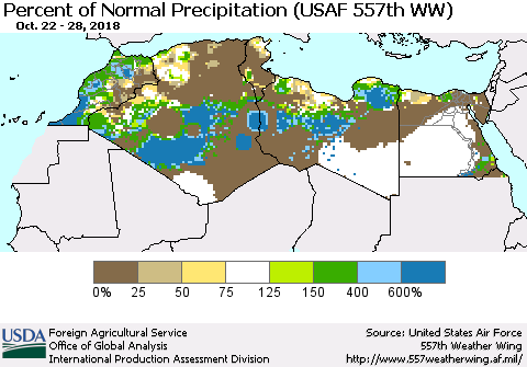 North Africa Percent of Normal Precipitation (USAF 557th WW) Thematic Map For 10/22/2018 - 10/28/2018