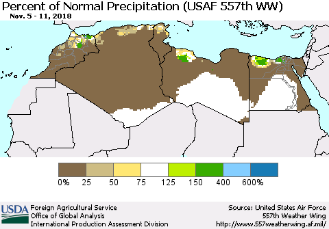North Africa Percent of Normal Precipitation (USAF 557th WW) Thematic Map For 11/5/2018 - 11/11/2018