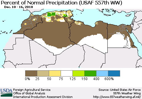North Africa Percent of Normal Precipitation (USAF 557th WW) Thematic Map For 12/10/2018 - 12/16/2018